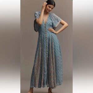 Anthropologie Teal Blue Floral Button-Front Maxi Dress
